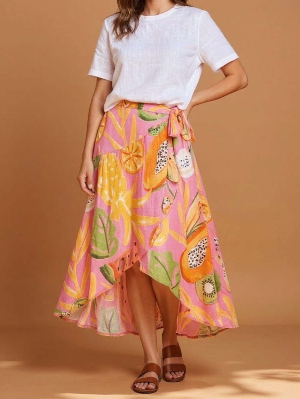 Multicolored Fruit Print Wrap Maxi Skirt Tiered Tropical